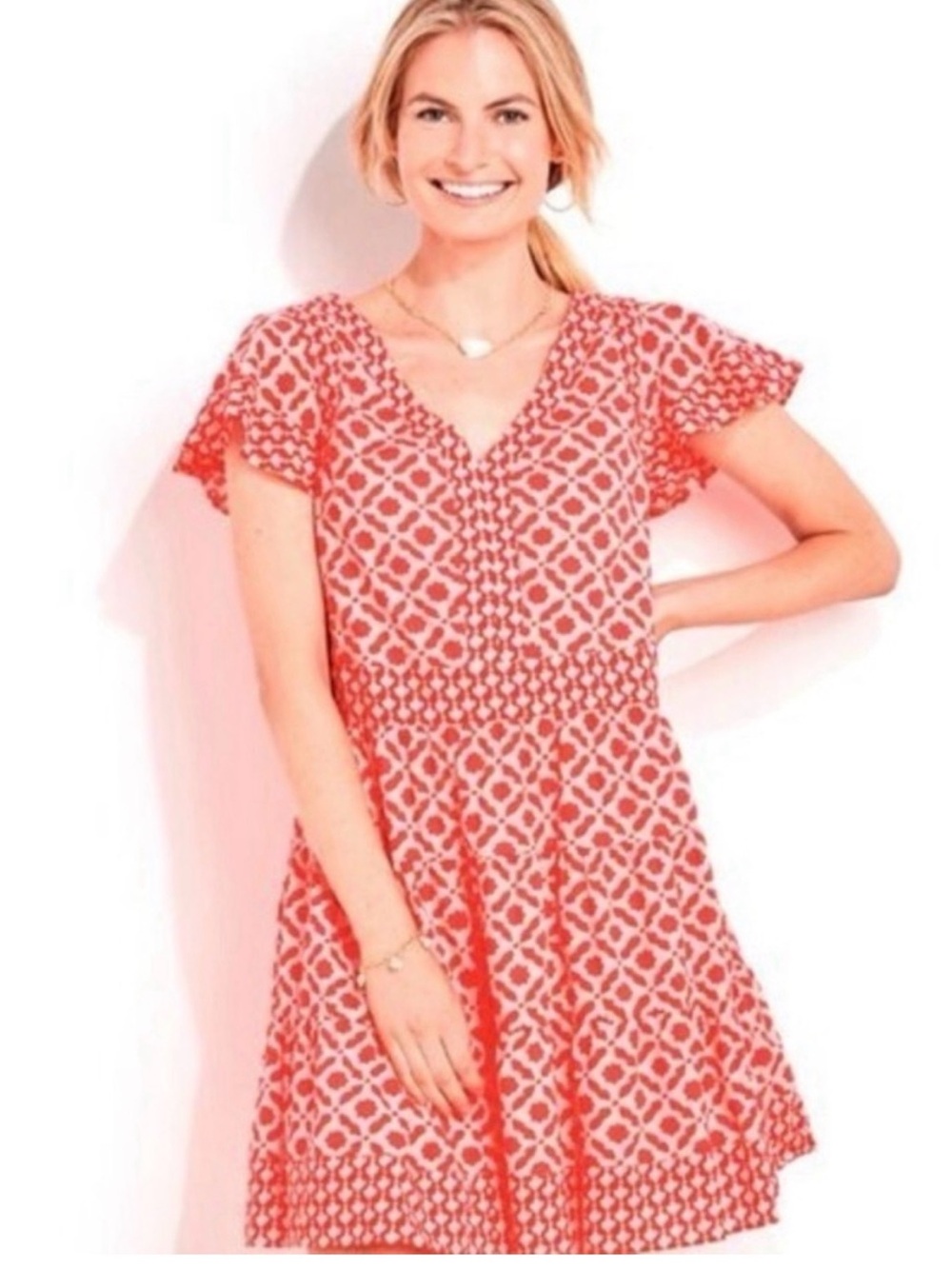 Vineyard Vines Pink & Red Geometric V-Neck Dress Size Small Preppy Vacation